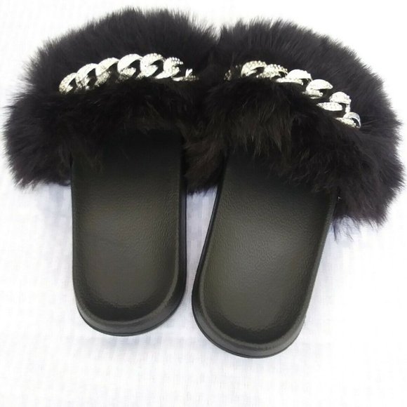 Black Faux Fur Slides/Slippers/With Chain - Picture 2 of 7